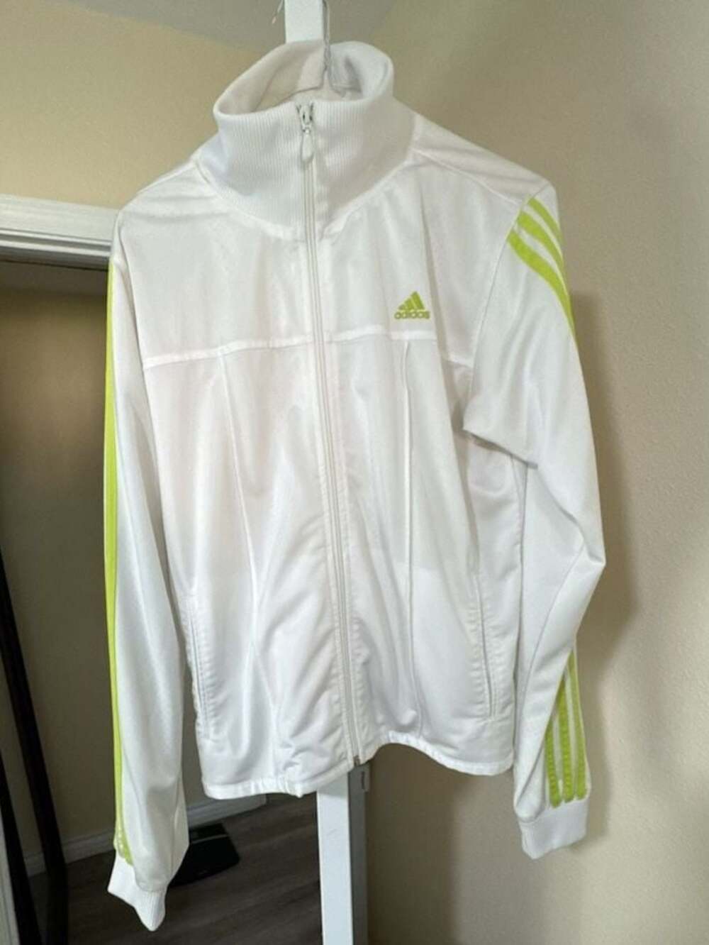 Adidas Women's White Track Jacket with Lime Green Stripes and Mesh Lining